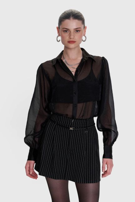Striped skirt with fabric belt - Black