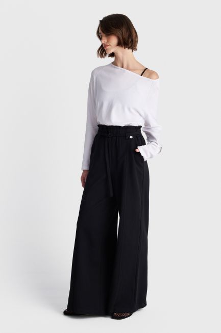 Cotton wide-leg trousers with belt - Black