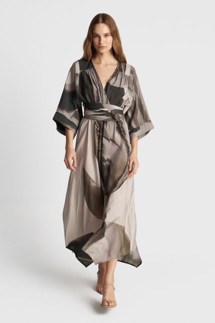Printed asymmetrical dress with belt - Grey