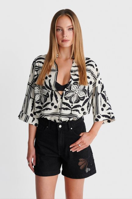 Denim shorts with perforated pattern - Black