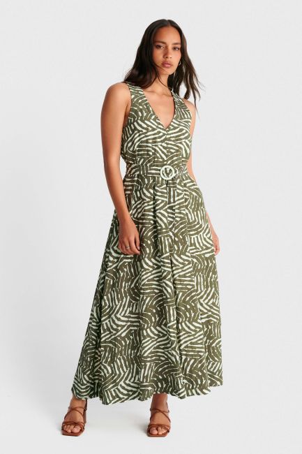 Pinted maxi dress with belt - Green