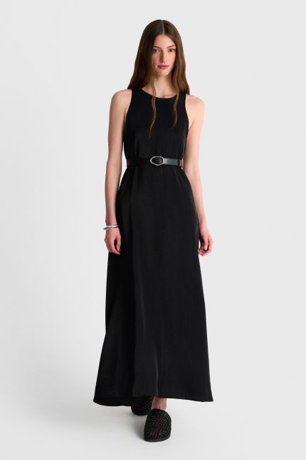 Flowing maxi dress with belt - Black