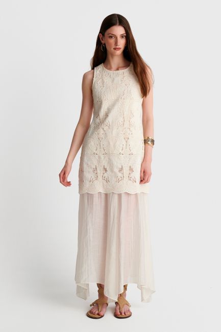 Φόρεμα μάξι boho chic  με δαντέλα - Λευκό