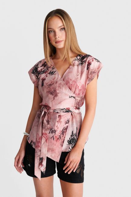 Printed wrap top with belt - Pink