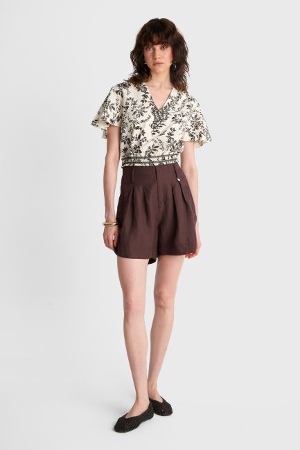 Printed top with elastic hem - Beige