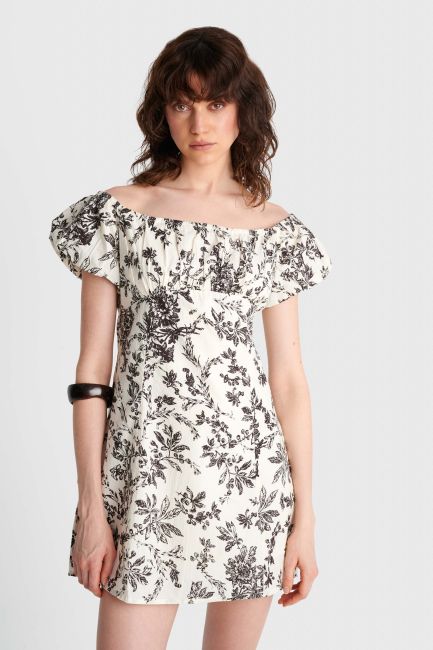 Φόρεμα μίνι εμπριμέ off-shoulder - Μπεζ