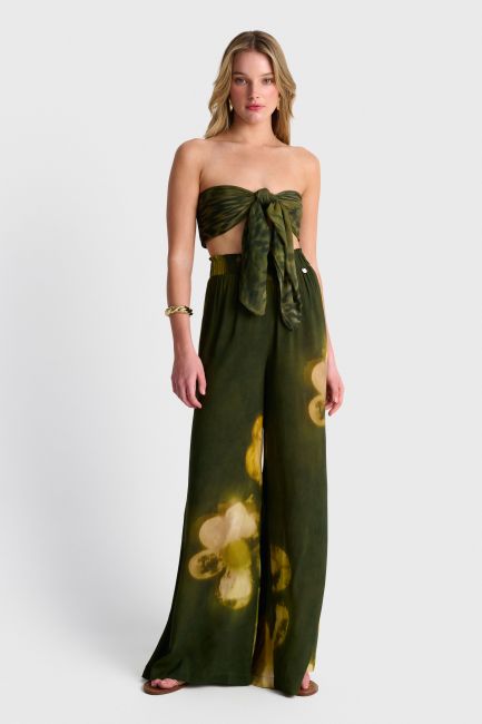 Floral wide-leg pants with elastic waist - Green