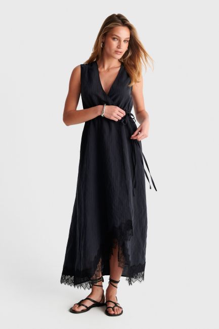 Striped maxi dress with lace - Black