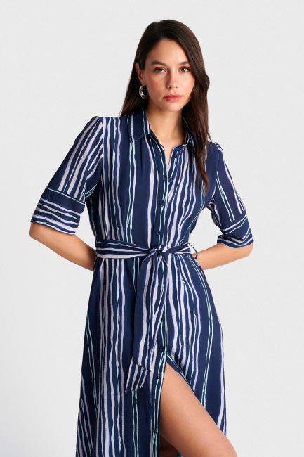 Midi striped dress with belt - Blue