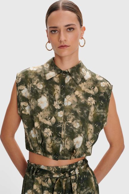 Floral-print cropped shirt in satin effect - Gold