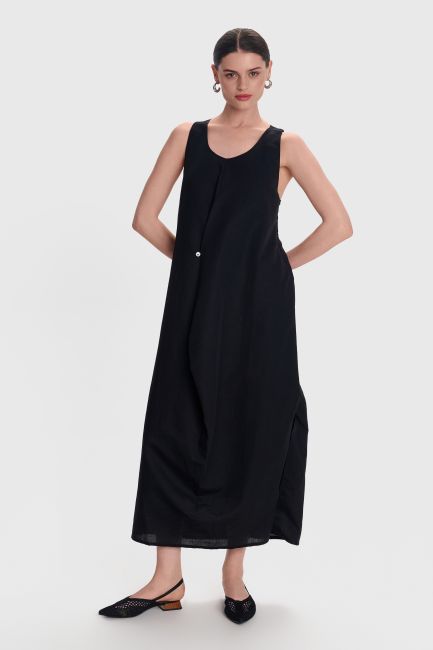 Midi linen dress with slit - Black
