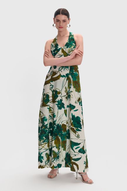 Φόρεμα μακρύ εμπριμέ με δαντέλα - Χρυσό