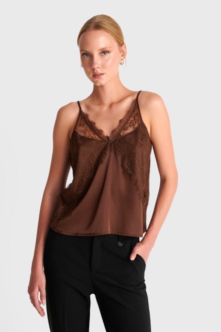 Satin top with lace - Brown