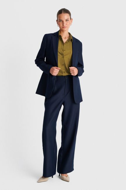 High-waisted wide-leg straight trousers with an elasticated waist - Blue