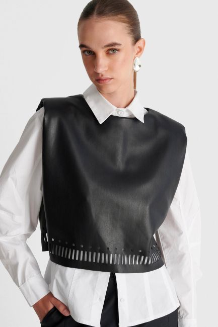 Sleeveless faux leather top with shoulder pads and laser cut design - Black