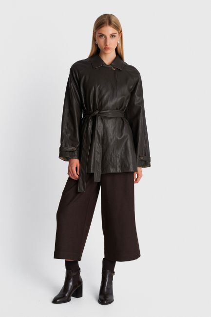 Faux leather jacket with a waist belt - Brown