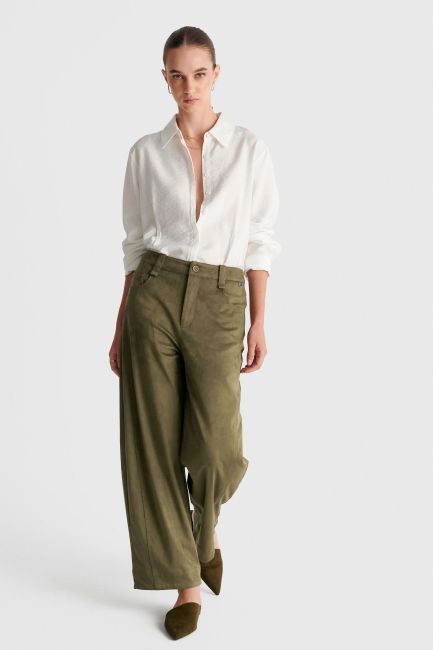 Suede-style wide leg trousers - Green