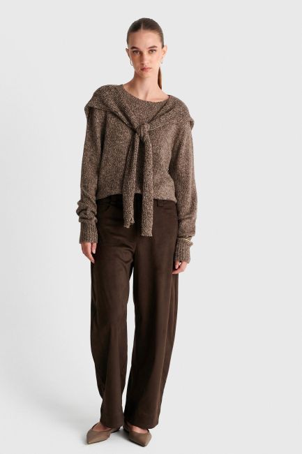 Suede-style wide leg trousers - Brown