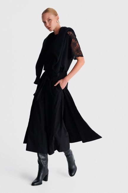 Designer wide-leg trousers with detachable skirt - Black