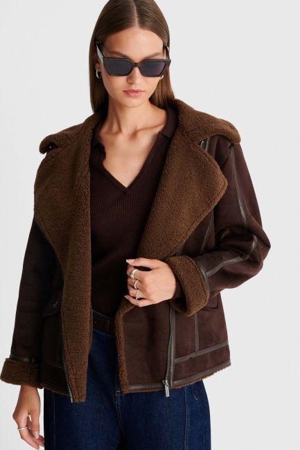 Shearling-style jacket with a suede finish - Brown