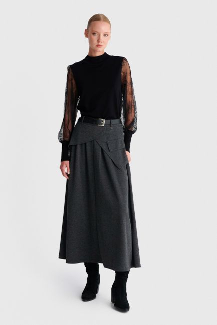 Designer maxi skirt with belt - Grey