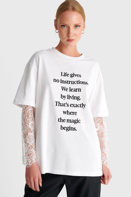Printed top with lace sleeves - White