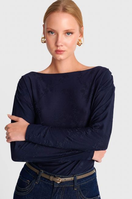 Long-sleeve top with a textured floral pattern - Blue