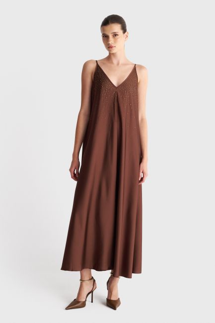 Backless maxi dress with rhinestones and scarf - Brown