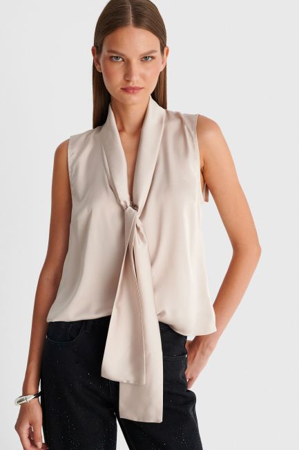 Sleeveless V-neck top with a long tie detail - Beige
