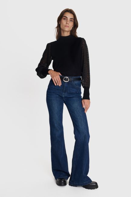 Semi-sheer sleeve knit blouse - Black