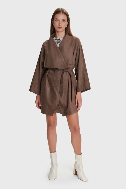 Suede-style coat with belt - Brown