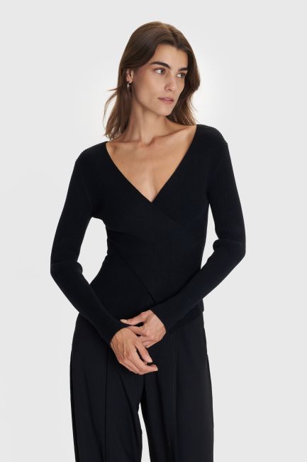 Rib-knit wrap blouse - Black