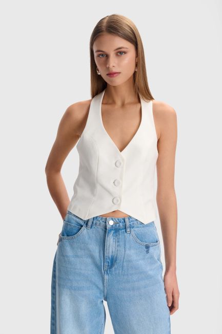 Halterneck backless vest - White