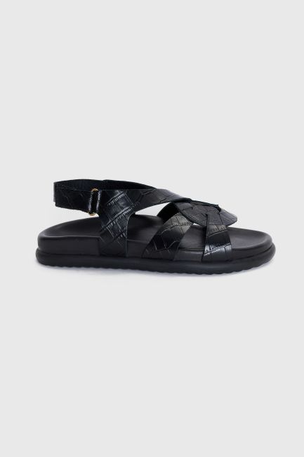 Black leather croc-effect sandal - Black