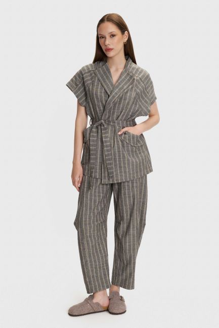 Striped long gillet - Grey