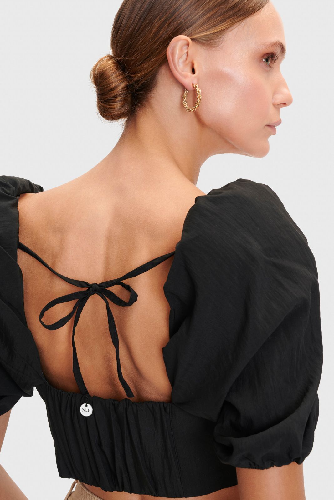 Crop Top with Balloon Sleeves and Open Back – Modern Black Women's