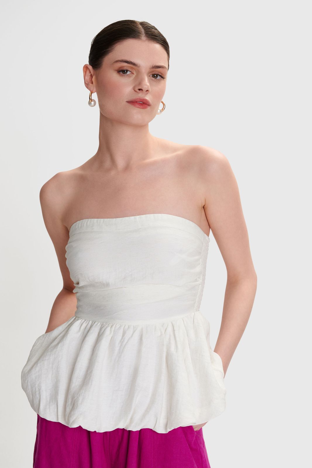 strapless open back dress Jones | White Strapless Midi Dress With Tulle Peplum Waist  Club L London