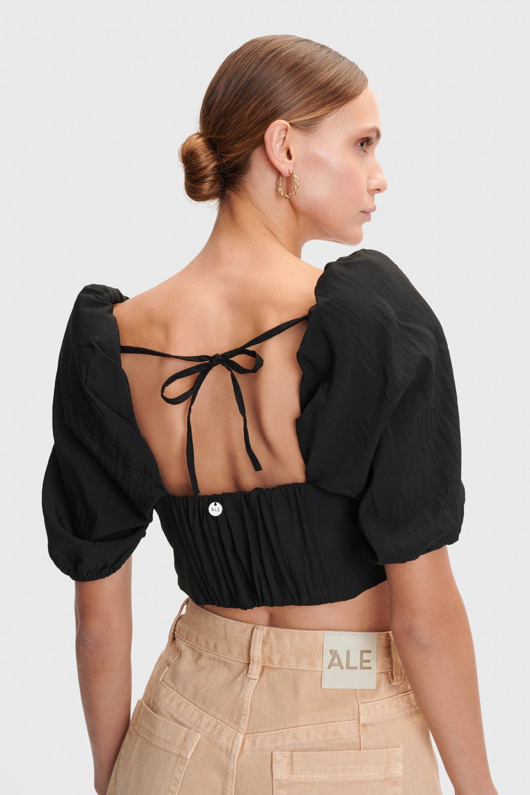 Crop Top with Balloon Sleeves and Open Back – Modern Black Women's
